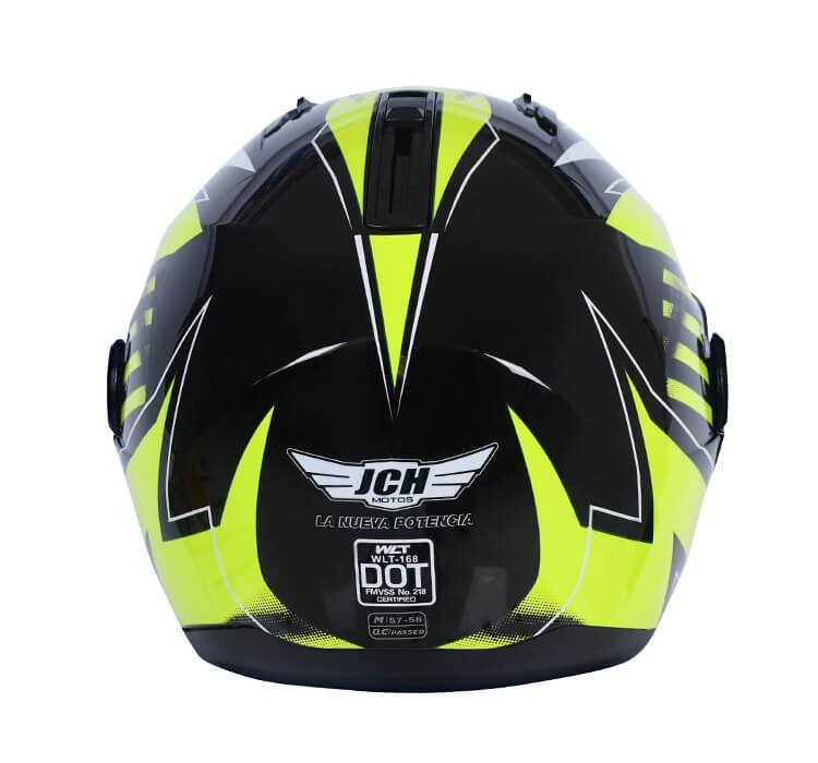 Vista trasera de CASCO INTEGRAL JCH MOTOS NEGRO / AMARILLO